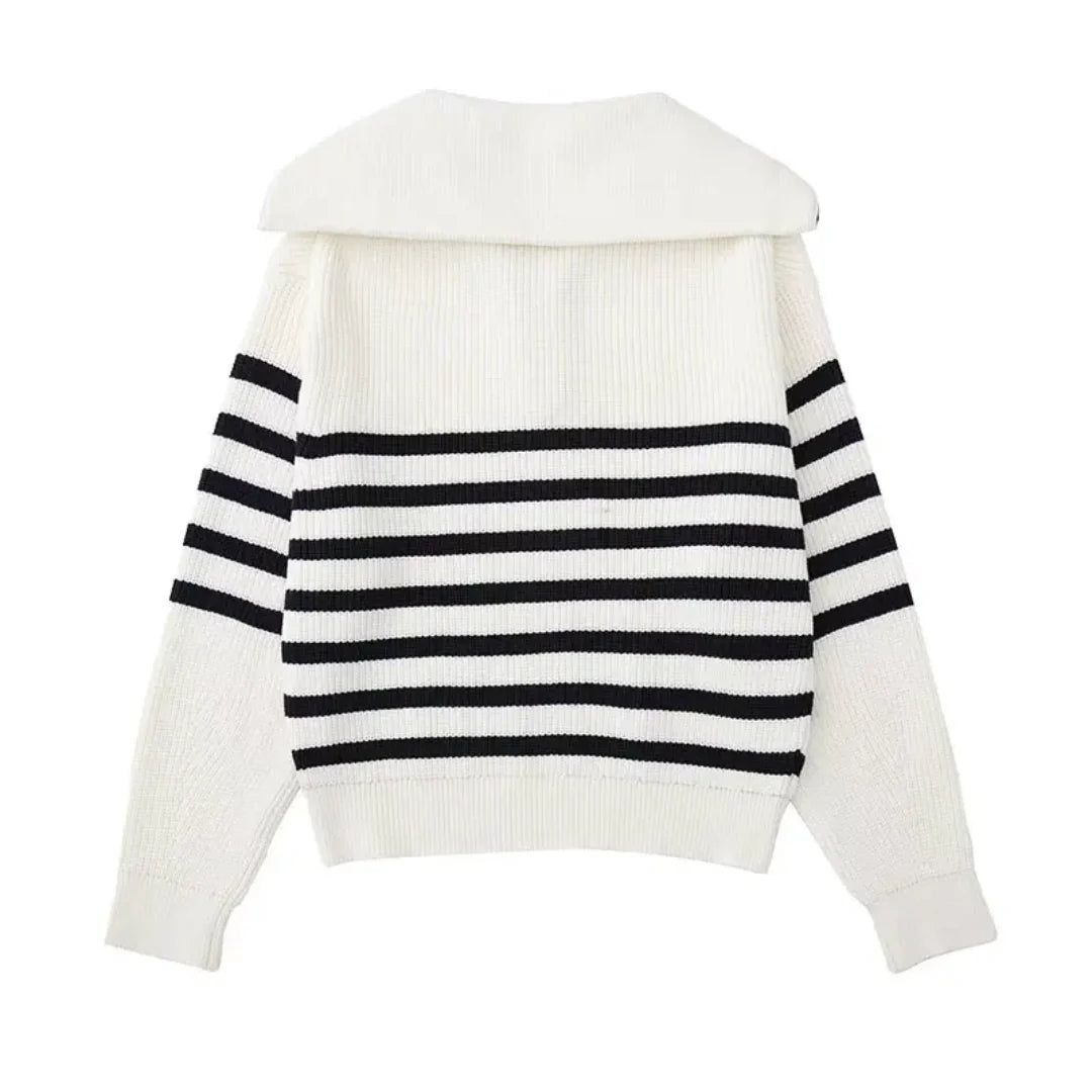 Nordic Zip Up Stripe Lapel Long Sleeve Sweater