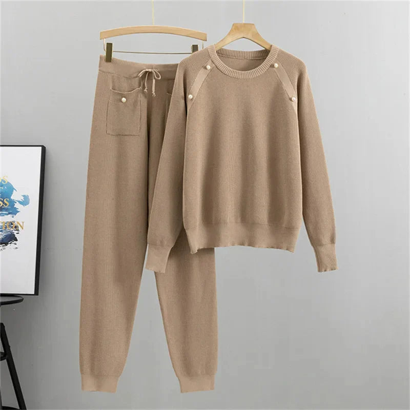 Sophia Luxe Pearl Knit Round Neck Top and Pant Set