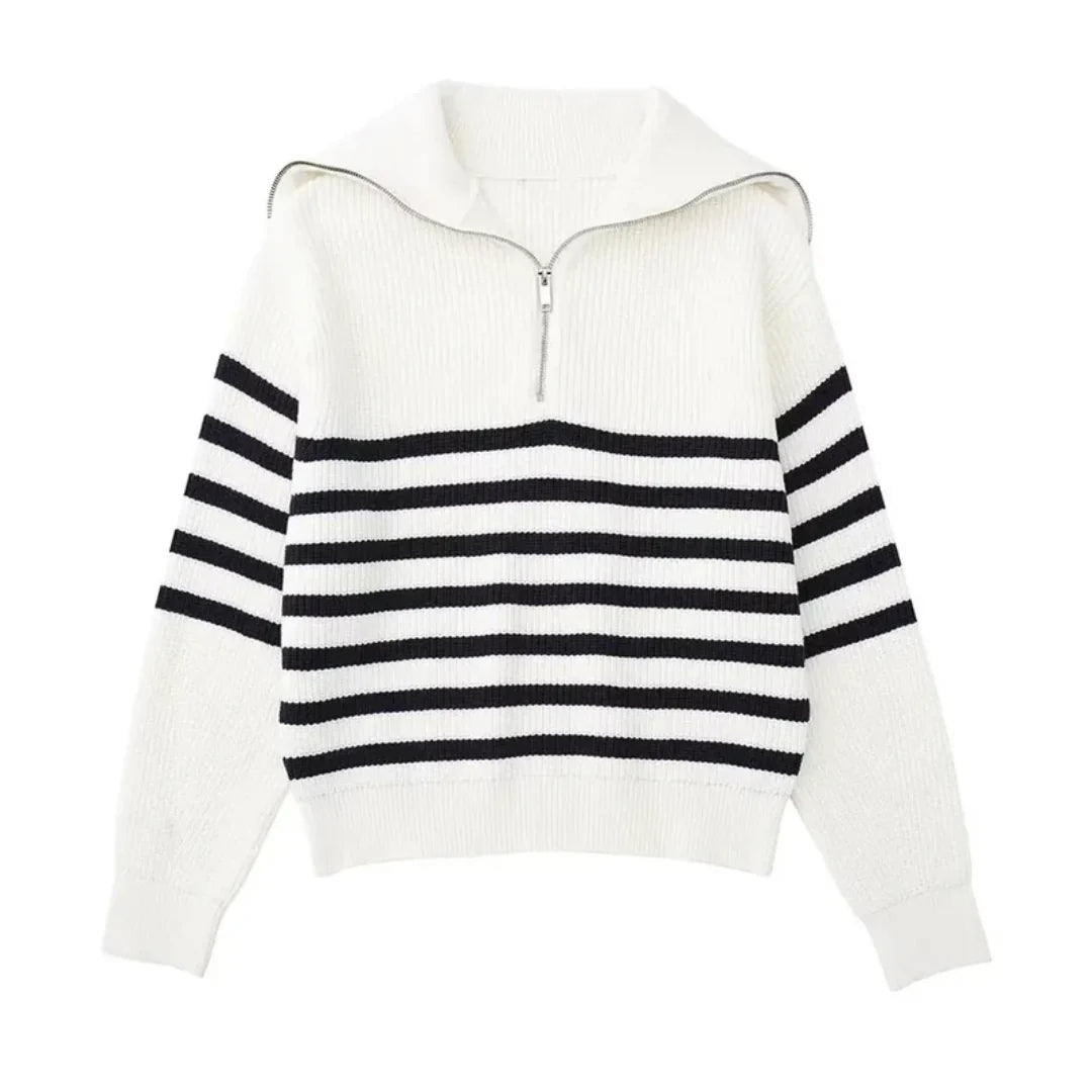 Nordic Zip Up Stripe Lapel Long Sleeve Sweater