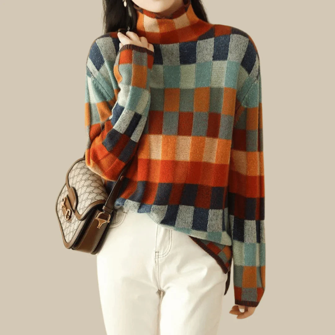 Ravelyn Patchwork Turtleneck High Neck Sweater