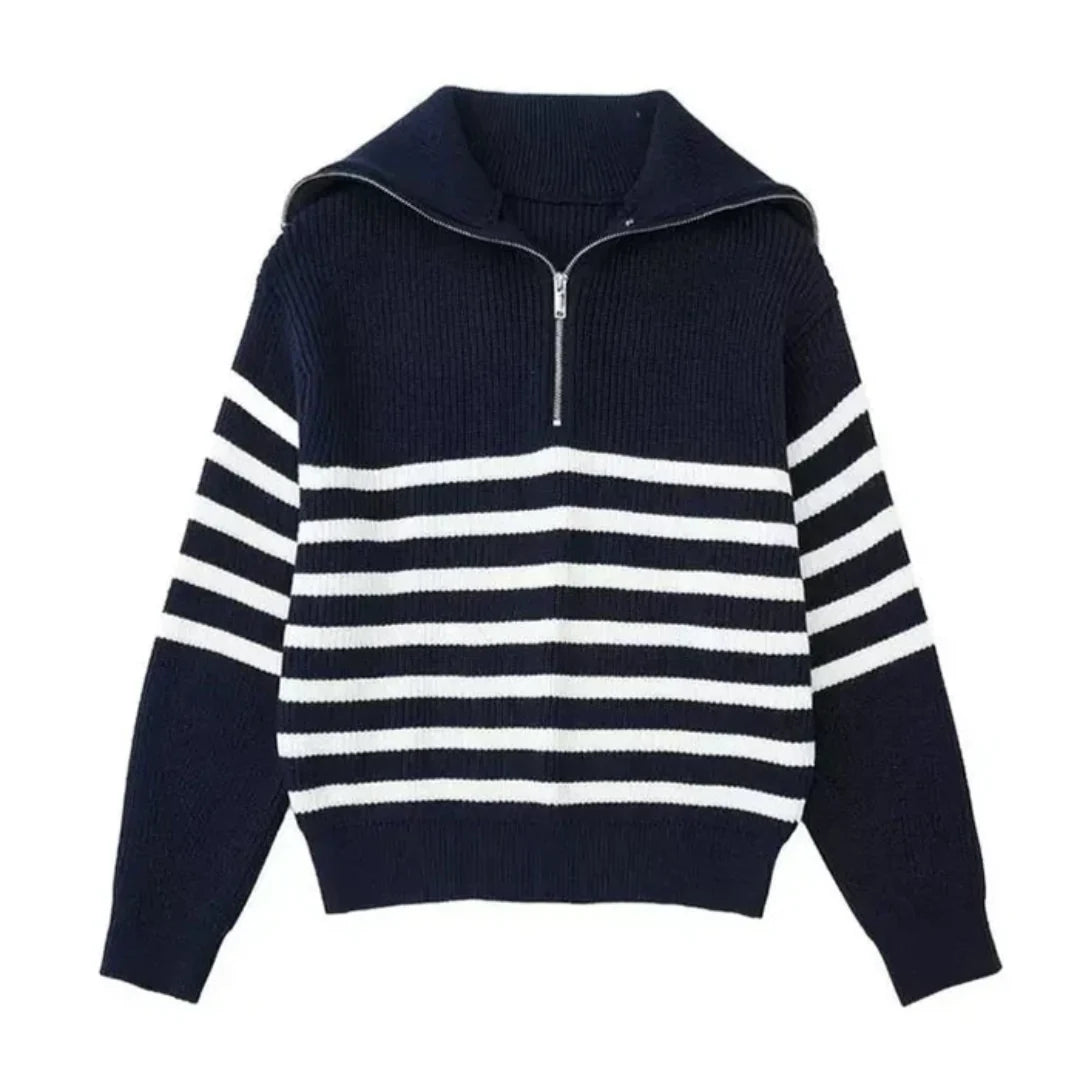 Nordic Zip Up Stripe Lapel Long Sleeve Sweater