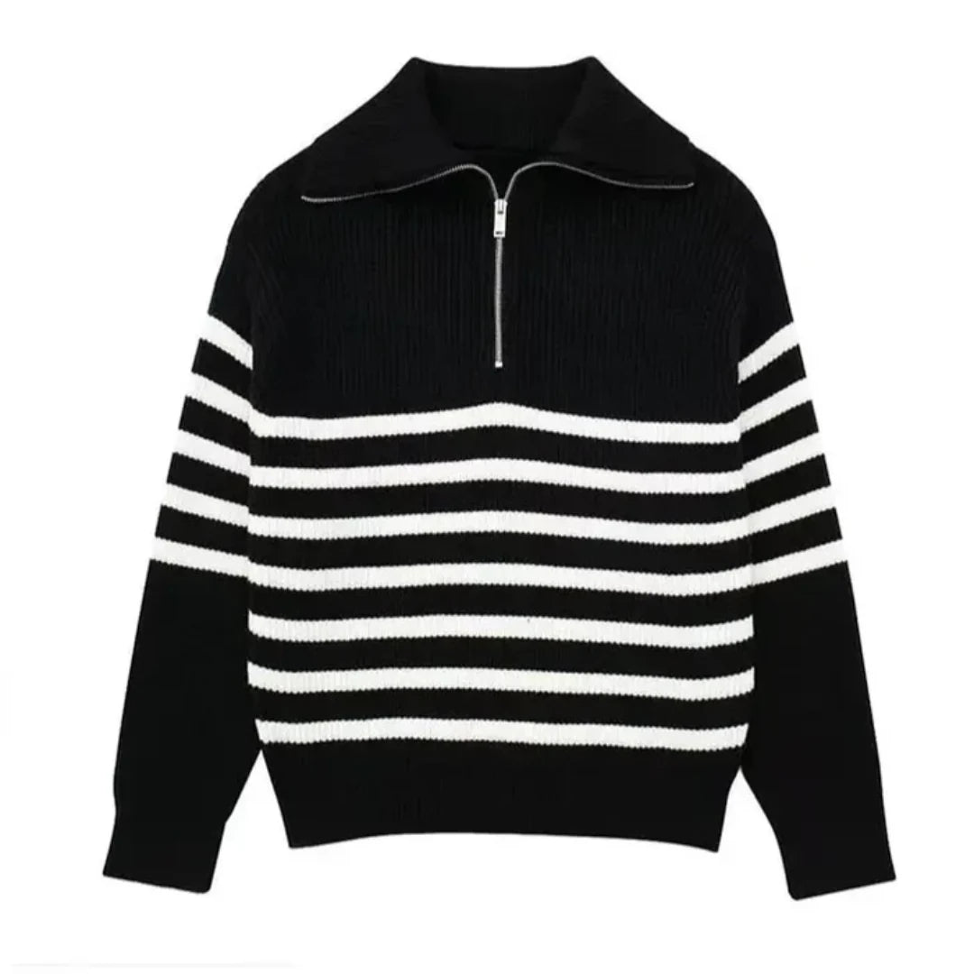 Nordic Zip Up Stripe Lapel Long Sleeve Sweater