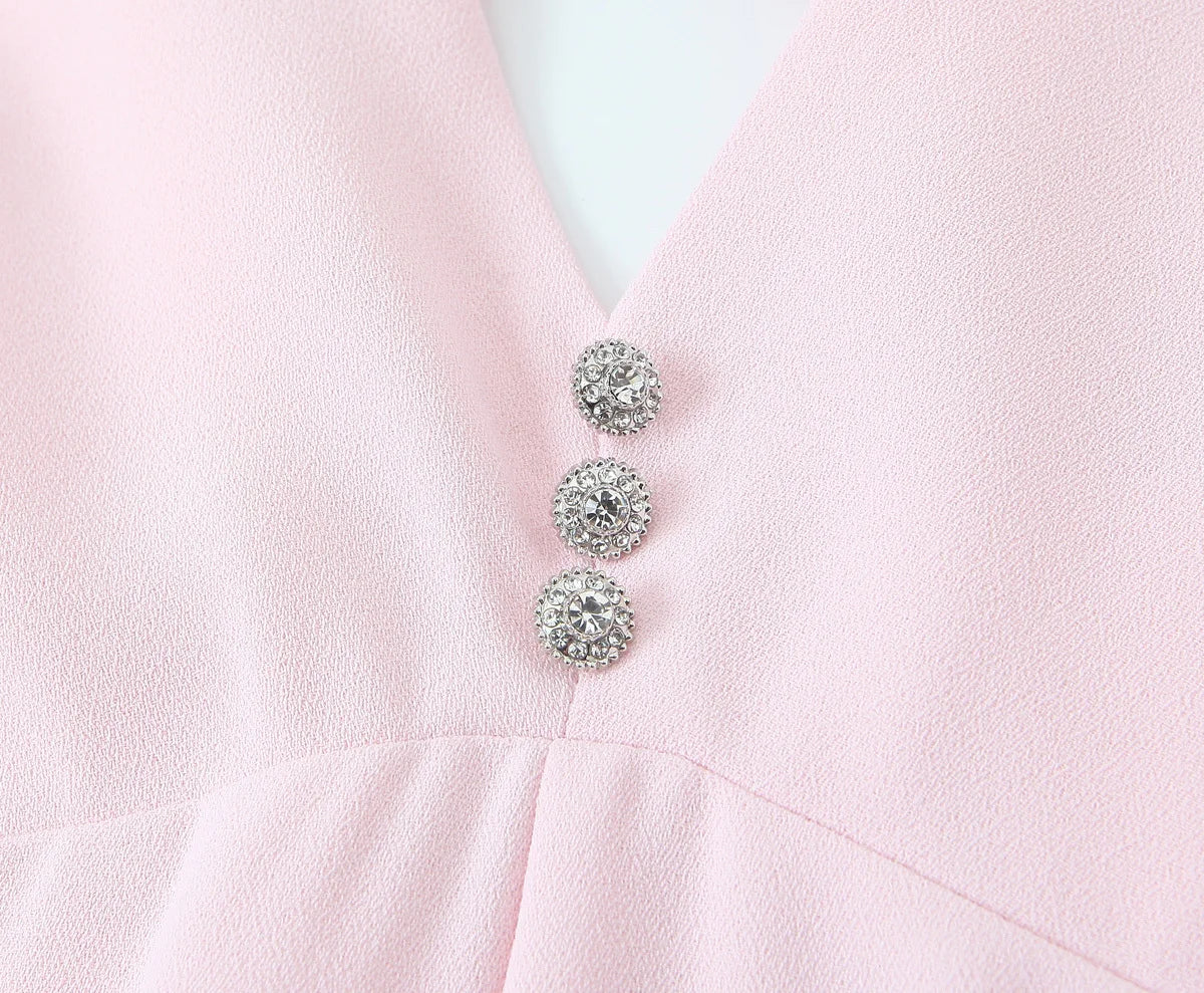Woman V-Neck Backless Pink Mini Dress