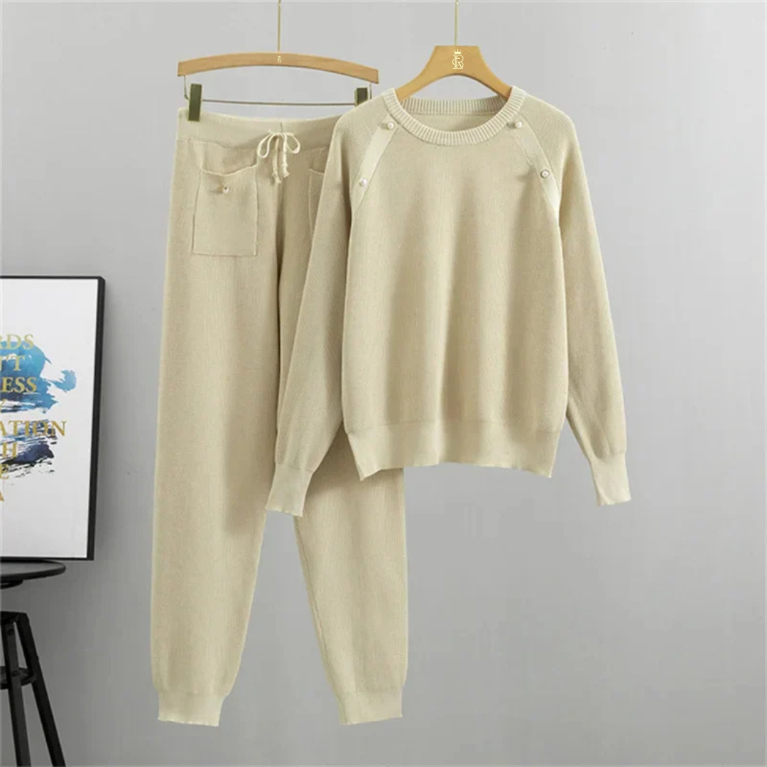 Sophia Luxe Pearl Knit Round Neck Top and Pant Set