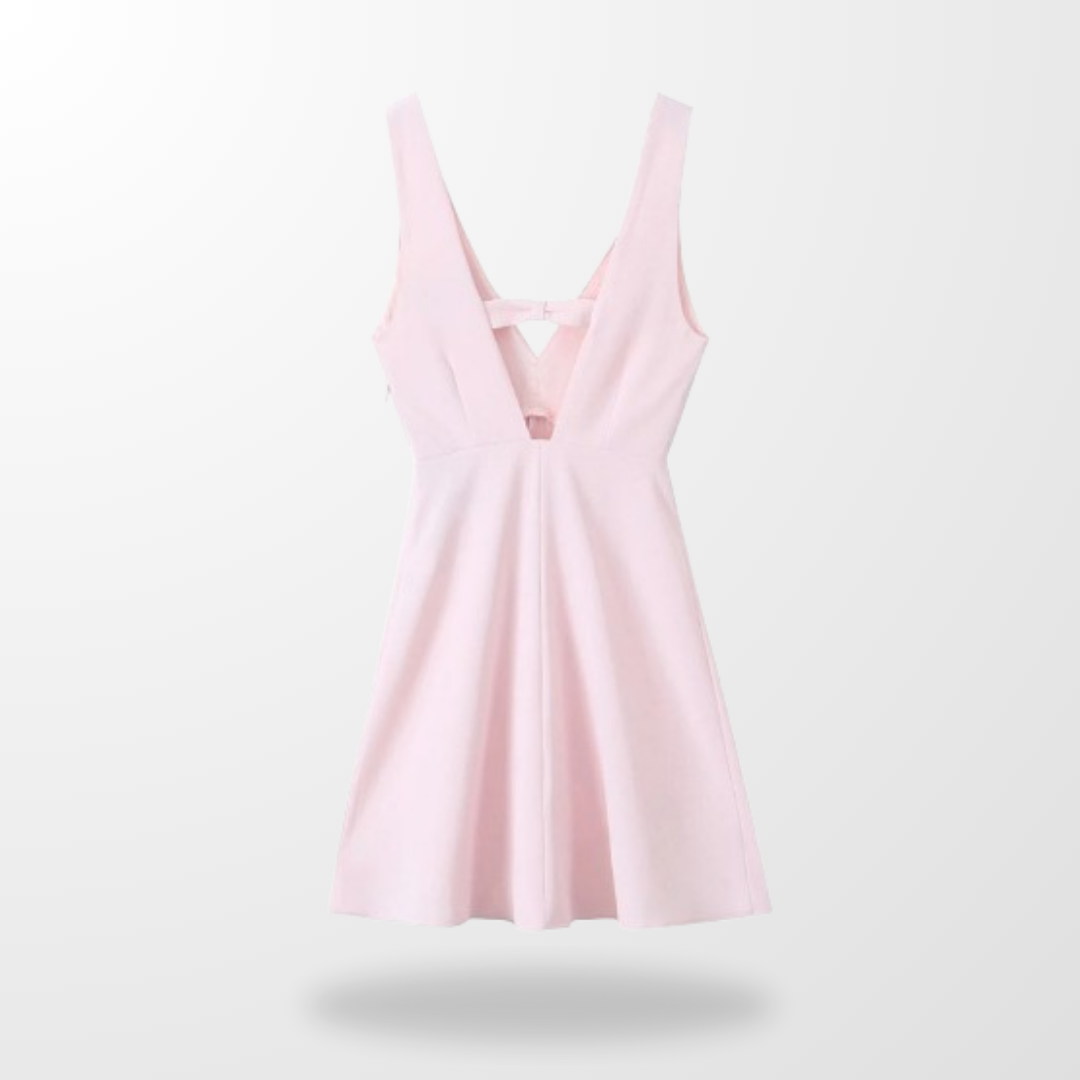 Woman V-Neck Backless Pink Mini Dress