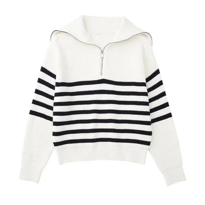 Nordic Zip Up Stripe Lapel Long Sleeve Sweater