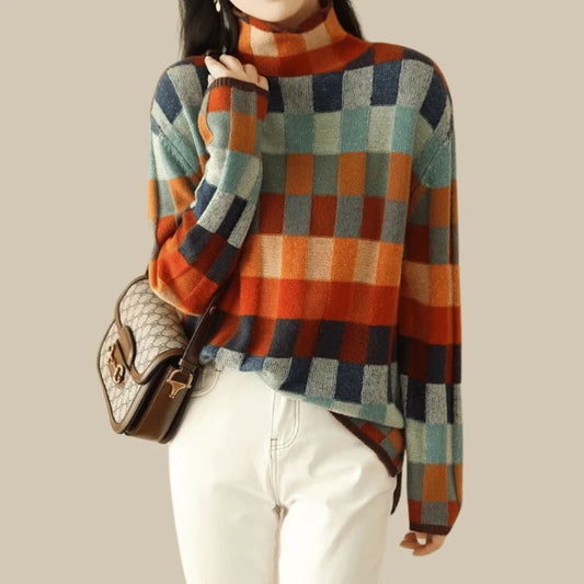 Ravelyn Patchwork Turtleneck High Neck Sweater