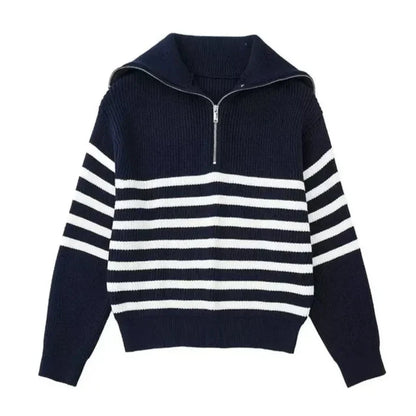 Nordic Zip Up Stripe Lapel Long Sleeve Sweater
