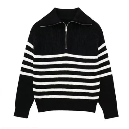 Nordic Zip Up Stripe Lapel Long Sleeve Sweater