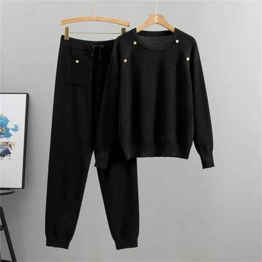 Sophia Luxe Pearl Knit Round Neck Top and Pant Set