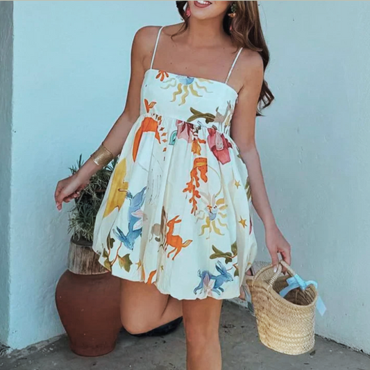 Women's Fluffy Printed Side Zip Mini Dress