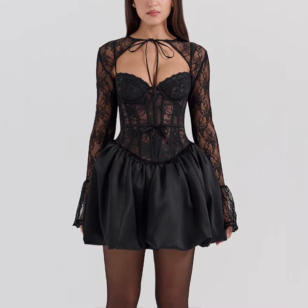 Ayzel Lace-Up A-Line Glitter Lace Dress